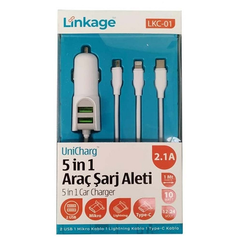 Linkage 5in1 Şarj 2.1A/10W 2XUsb Mikro Type-c Lightning 1mt Şarj Kablosu