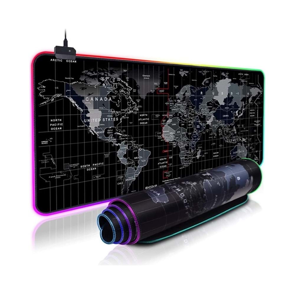 Kaymaz Taban Işıklı Rgb 80x30 Cm. Oyuncu Ledli Dünya Haritası Desenli Mousepad