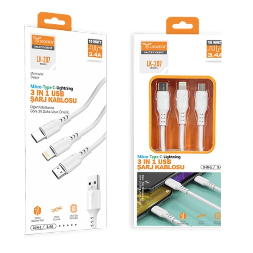 Lucatech 3.4A Micro Type-C Lightning 3in1 Hızlı Şarj Kablosu