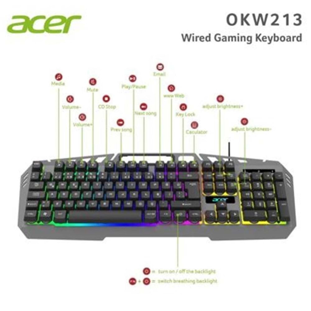 Acer Rainbow Gri RGB Backlit Gaming Klavye (Kablo Uzunluğu 1,5mt)