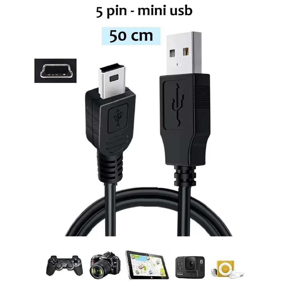 50cm. Mini Usb 5pin V3 Data Şarj Kablosu