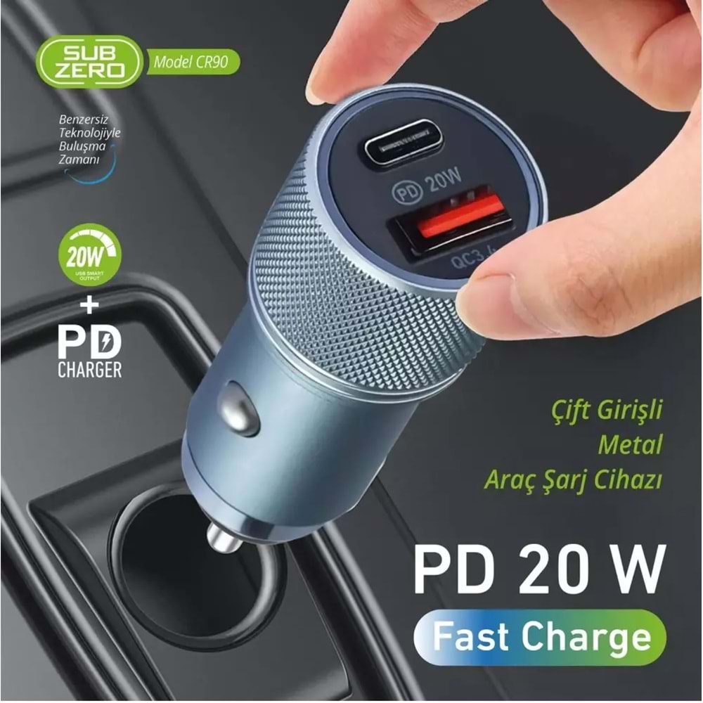 Subzero CR90 20W 3.4A Hızlı PD+Usb Çıkışlı Araç Şarj Başlığı