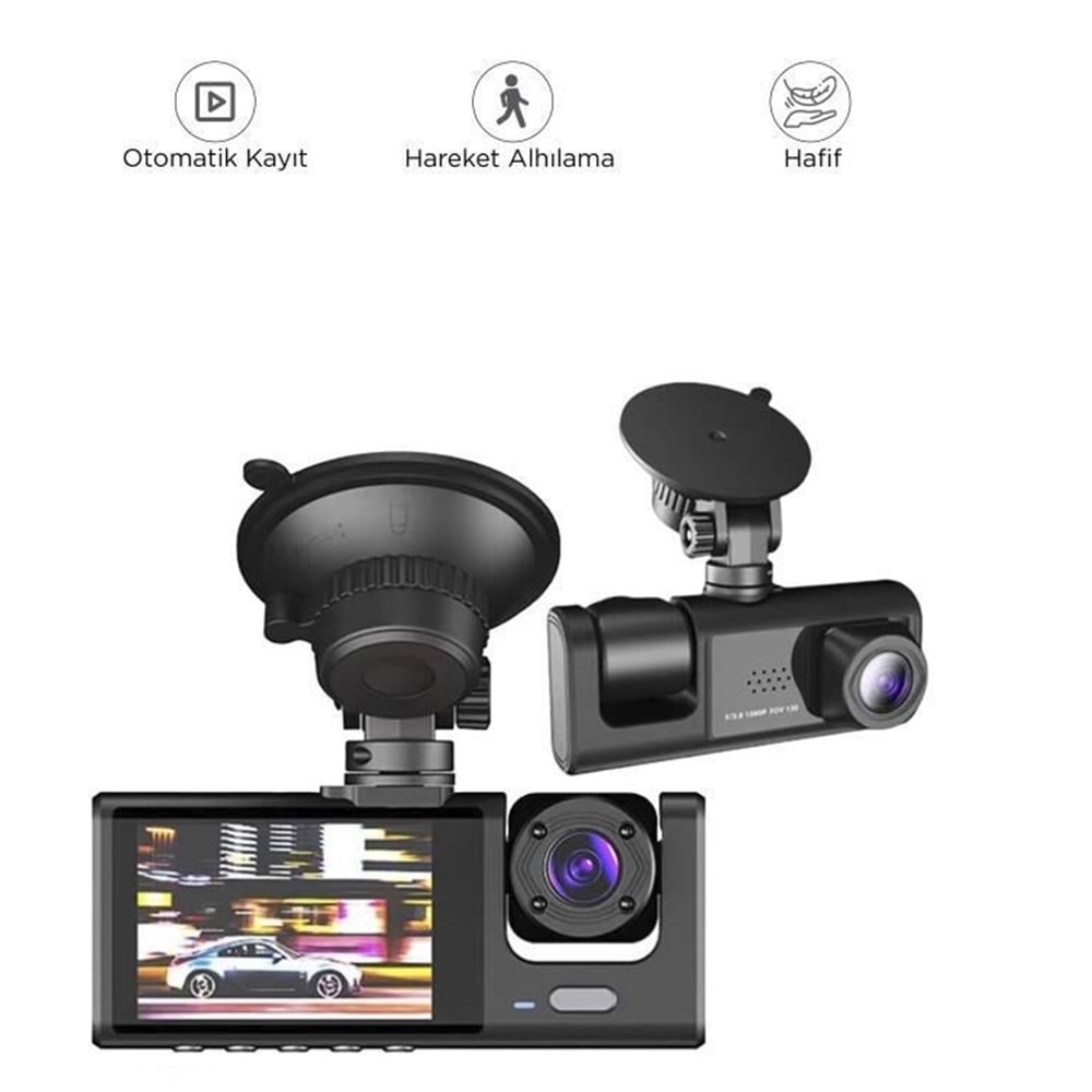 TA-01 Siyah 1080p Araç içi 3 Kameralı Lcd Ekranlı Gece Görüşlü Araç Kamerası