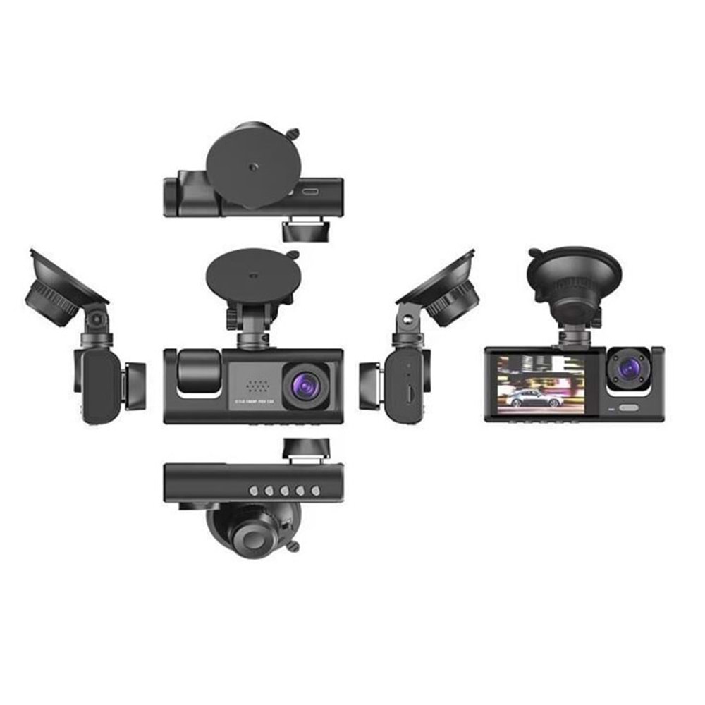 TA-01 Siyah 1080p Araç içi 3 Kameralı Lcd Ekranlı Gece Görüşlü Araç Kamerası