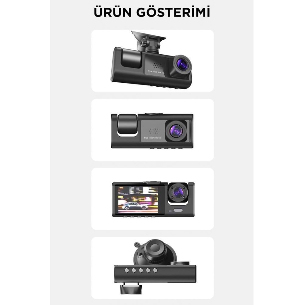 TA-01 Siyah 1080p Araç içi 3 Kameralı Lcd Ekranlı Gece Görüşlü Araç Kamerası