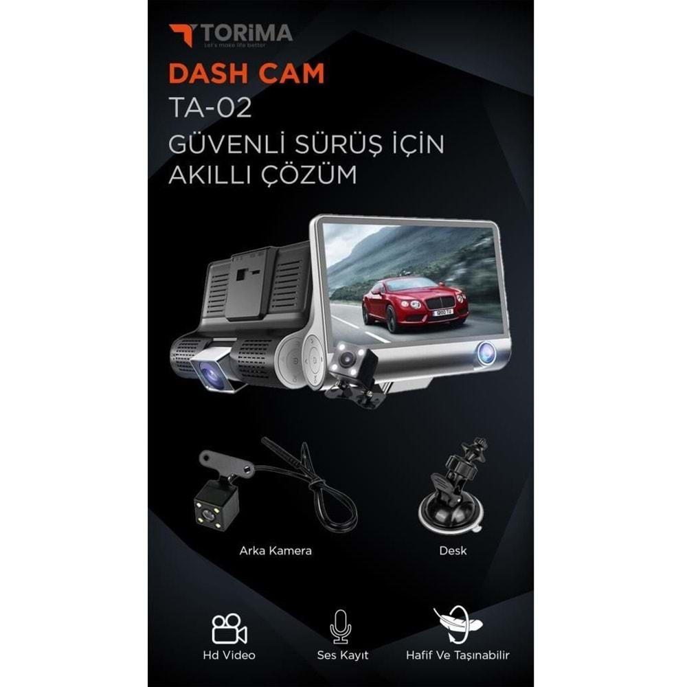 TA-02 Siyah 1080p Araç içi 3 Kameralı Gece Görüşlü, G-sensör, Geri Görüş Kameralı Araç Kamerası