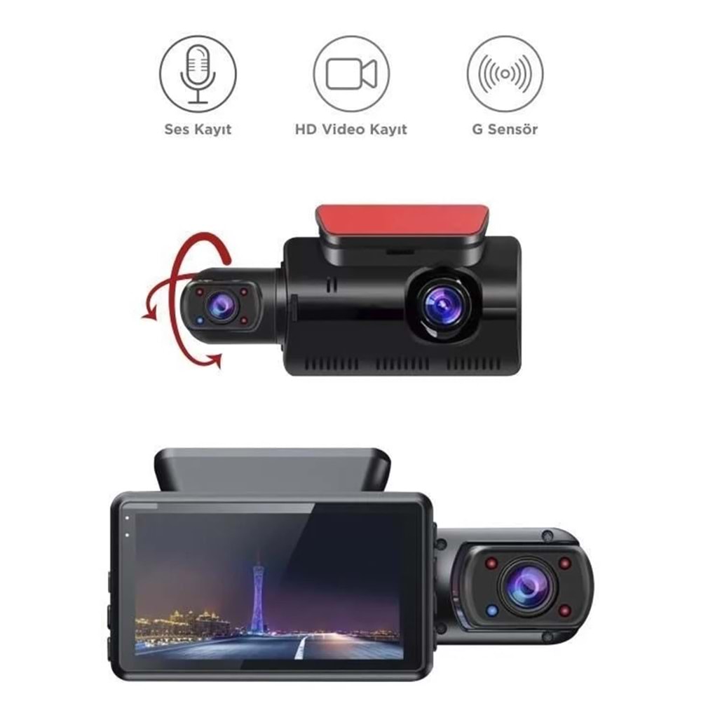 TA-03 Siyah 1296p Araç içi 2 Kameralı Lcd Ekranlı Gece Görüşlü , G-sensörlü Yol Kayıt Araç Kamerası