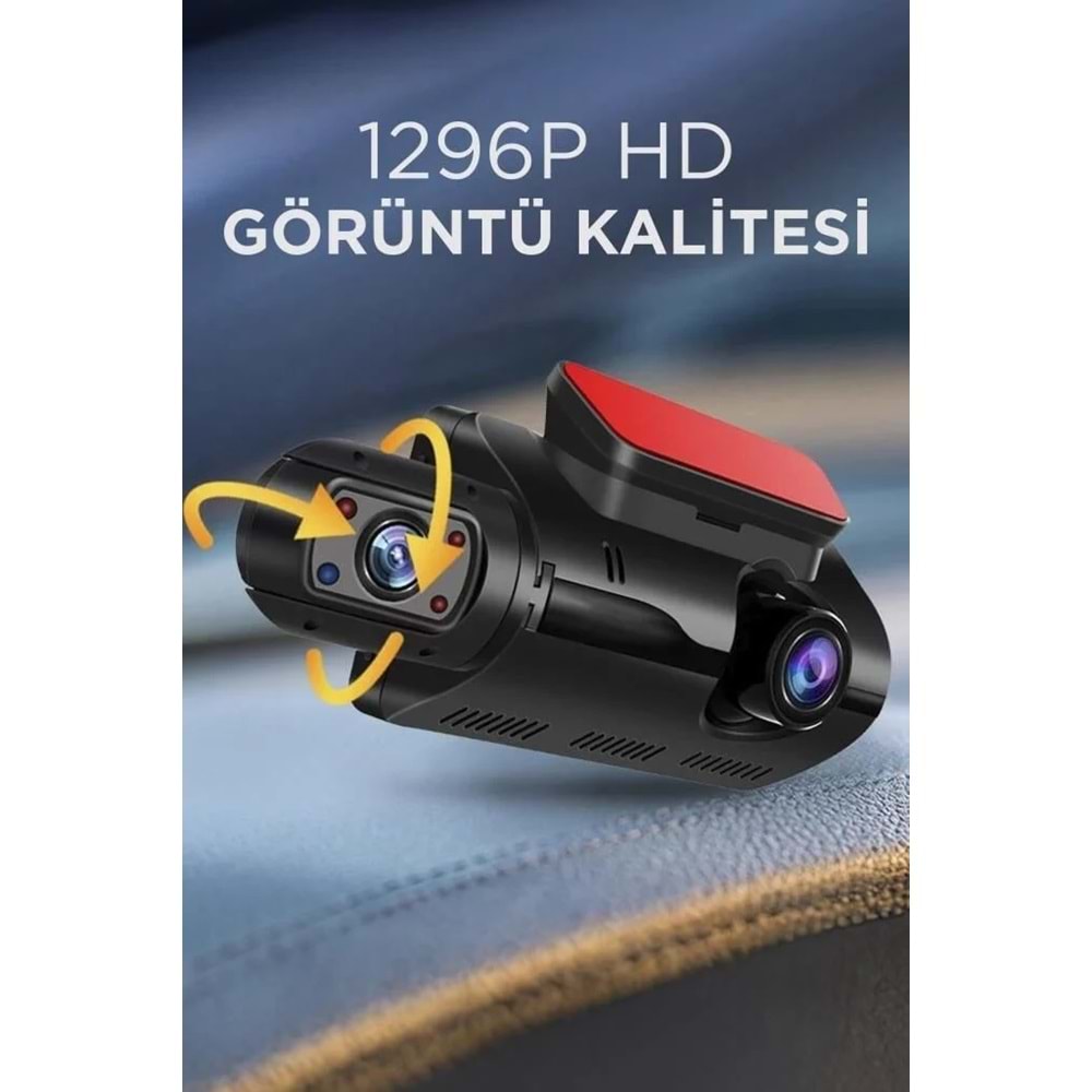 TA-03 Siyah 1296p Araç içi 2 Kameralı Lcd Ekranlı Gece Görüşlü , G-sensörlü Yol Kayıt Araç Kamerası