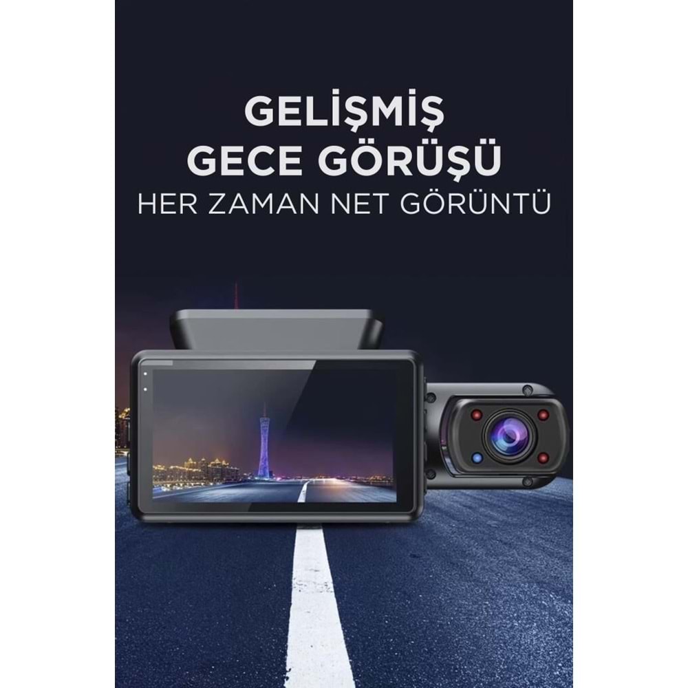 TA-03 Siyah 1296p Araç içi 2 Kameralı Lcd Ekranlı Gece Görüşlü , G-sensörlü Yol Kayıt Araç Kamerası