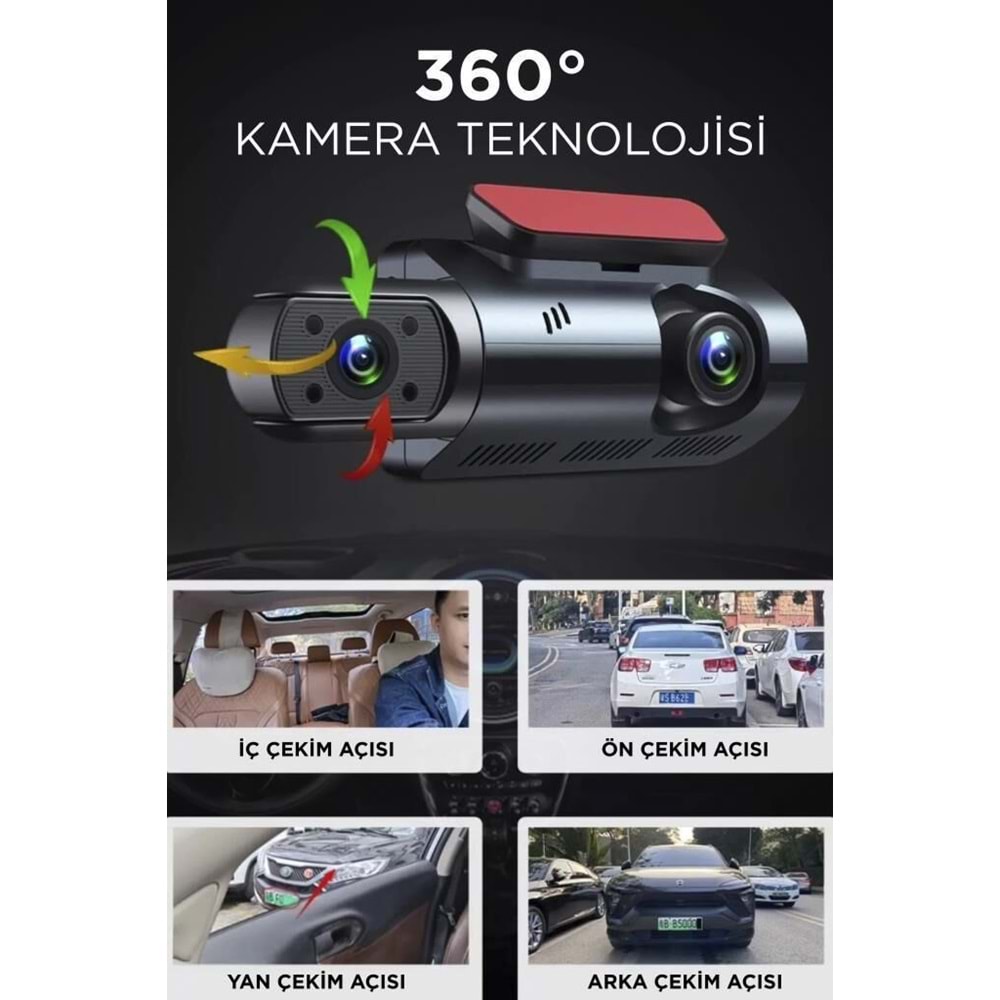TA-03 Siyah 1296p Araç içi 2 Kameralı Lcd Ekranlı Gece Görüşlü , G-sensörlü Yol Kayıt Araç Kamerası