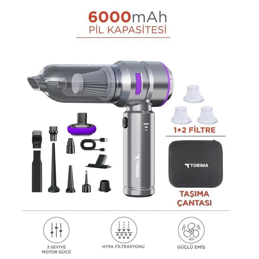 Torima Üflemeli Şarjlı Araç Mini EL Süpürgesi 16.000PA Emiş Güçlü 4İN1 Araba Süpürgesi