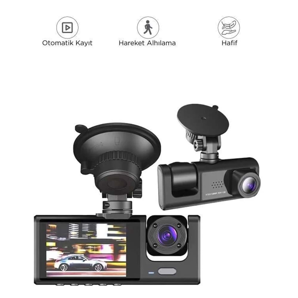 Araç İçi Kamera Gece Görüşlü LCD Ekranlı 1080P 3 Kameralı Araç Kamerası