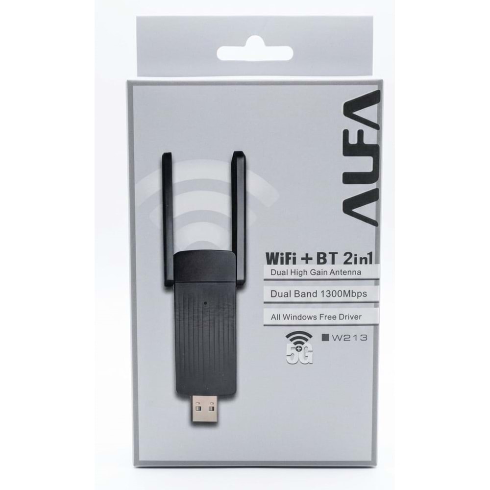 Alfanet Çift Antenli 2.4Ghz/5Ghz+Bluetooth 5.0 Yüksek Çekim Gücü 40mt. Usb 1300Mbps Dual Band Wifi Adaptör+Usb Bluetooth