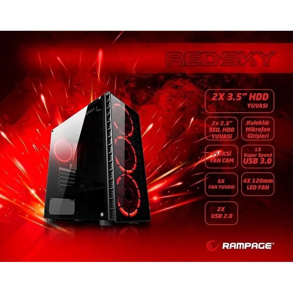 2.el Rampage Redsky 4x12cm Kırmızı LED`li Fan Siyah USB 3.0 Cam Pencereli Midi Tower Gaming Oyuncu Kasası