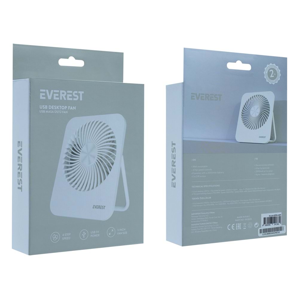 Everest Beyaz 2000mAh 4 Kademeli 4000RPM Hız Metal Ayak Masaüstü Usb Fan