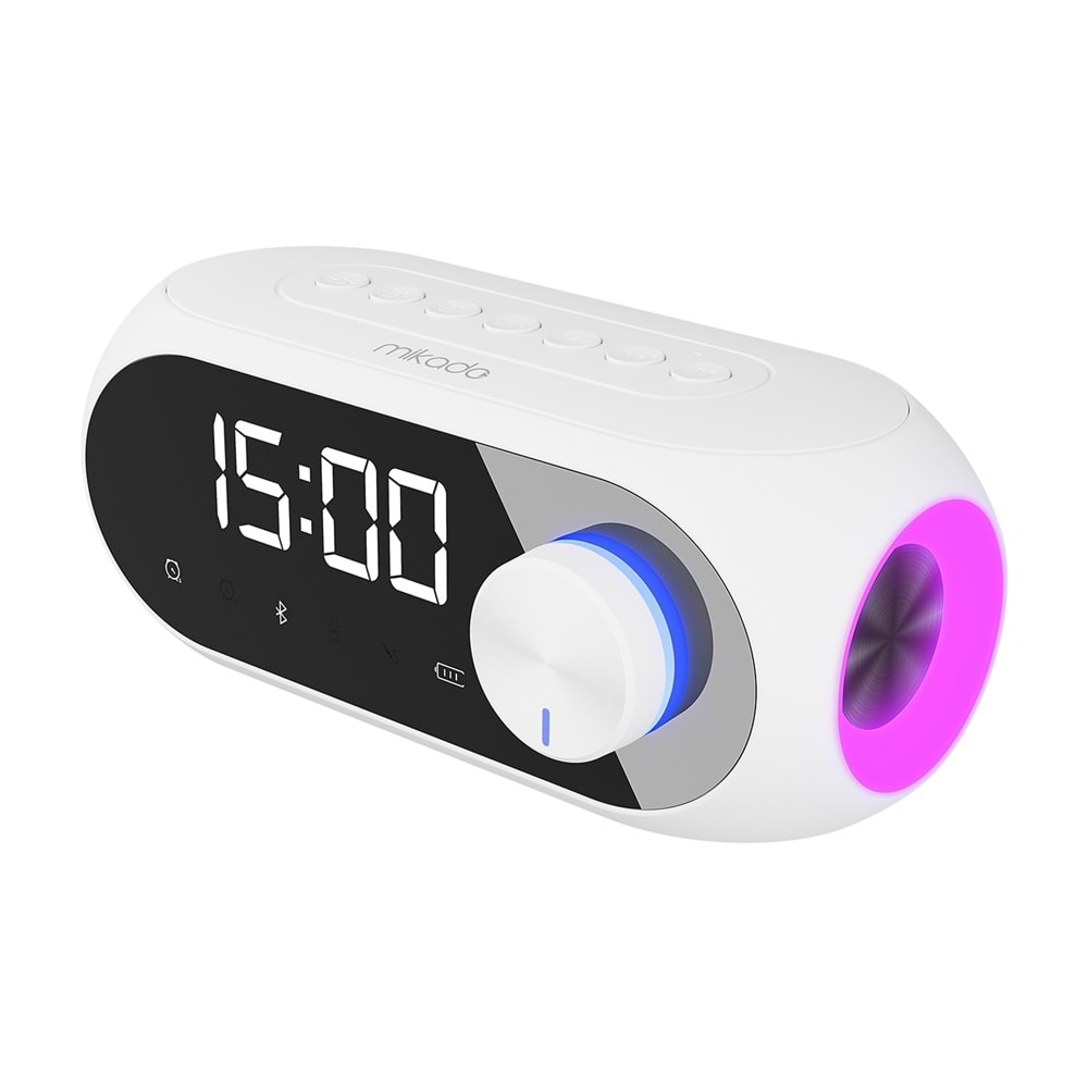 Mikado 1200mAh 5W Beyaz Bluetooth-Aux-Derece-Usb-FM Double Alarmlı Saat Speaker