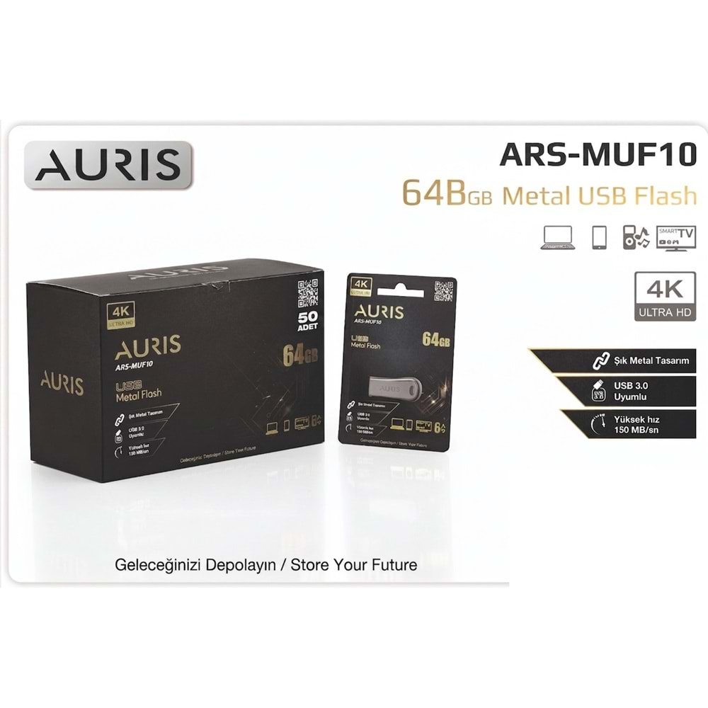 Auris 64GB 4K Ultra HD Metal 150Mb/sn Usb 3.0 Usb Bellek