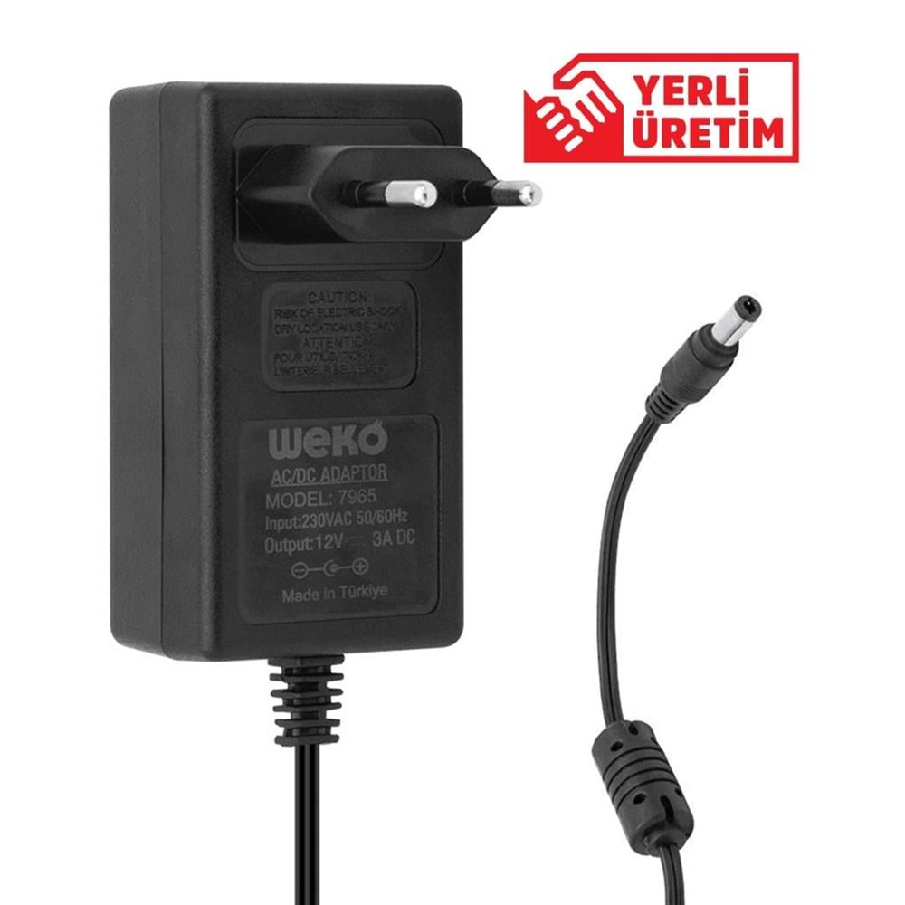 12 Volt - 3 Amper - 36 Watt 5.5*2.5 Uçlu Plastik Kasa Priz Tip Adaptör