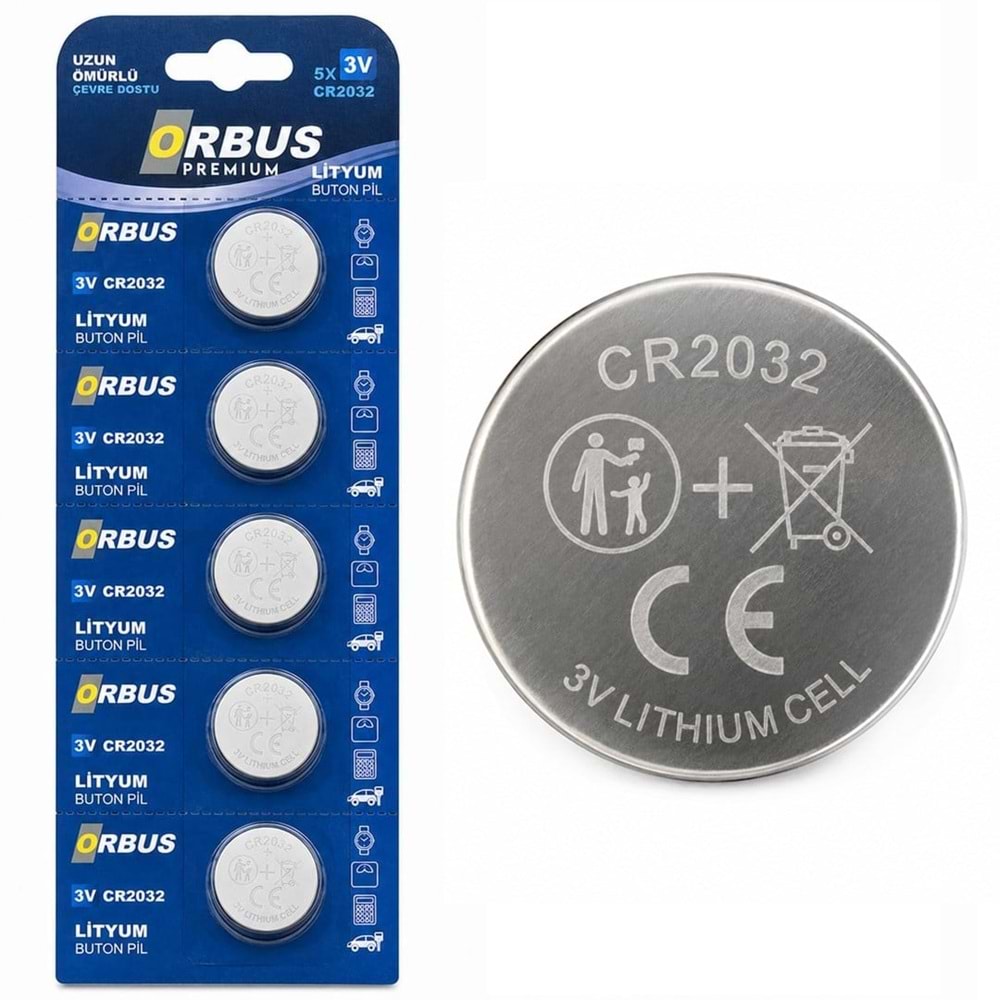 Orbus Lityum 3 Volt CR2032 Buton Düğme Pil 5'li Paket