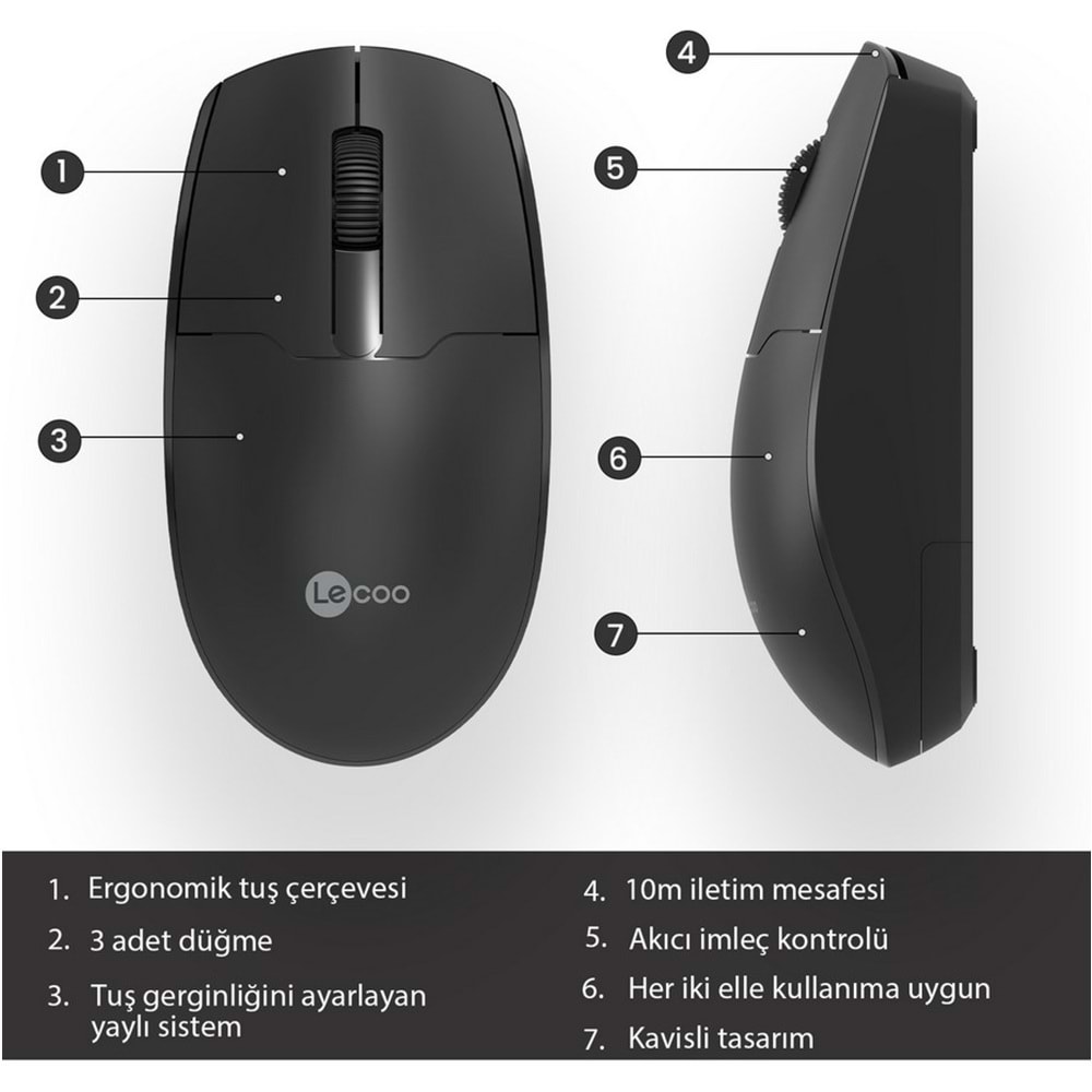 Lenovo Lecoo WS204 Kablosuz 1200DPI 3 Tuşlu Optik Siyah Mouse