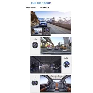 TA-01 Siyah 1080p Araç içi 3 Kameralı Lcd Ekranlı Gece Görüşlü Araç Kamerası
