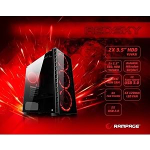 2.el Rampage Redsky 4x12cm Kırmızı LED`li Fan Siyah USB 3.0 Cam Pencereli Midi Tower Gaming Oyuncu Kasası