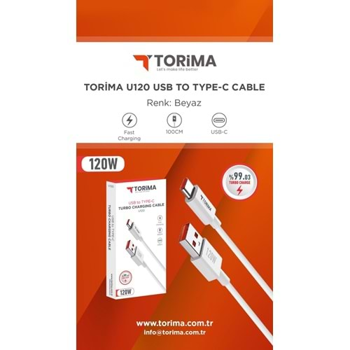 Torima 1mt. 120w Usb to Type-c Hızlı Şarj + Turbo + Saniyeli Özellikli Kablo