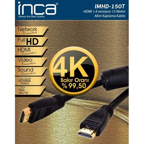 İnca IMHD-150T 15mt 4K 1,4 V 3 D Altın Uçlu Hdmı To Hdmı Kablo (99,5 Bakır)