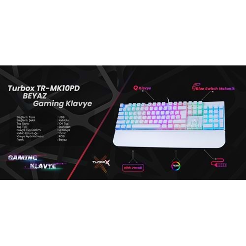 Turbox Usb Kablolu (Beyaz) Rgb Makro Gaming Mekanik Klavye Puding Tuş Bilek Destekli Blue Switch Mekanik Rainbow Klavye