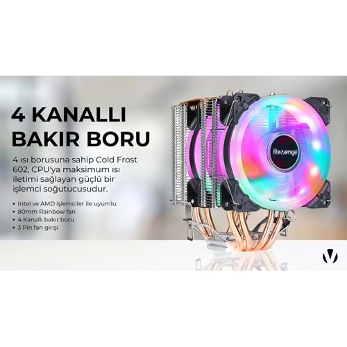 Cold Frost Kule Tipi 2 Fanlı Rainbow Gaming 4 Bakır Kanallı Soğutma Sistemli Cpu Fan Işlemci Fanı