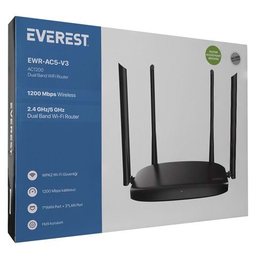 Everest EWR-AC5-V3 AC1200Mbps DualBand 4*6dBi Anten WISP+AP+Repeater Destekli Kablosuz Wifi Router