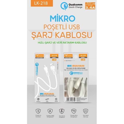 Lucatech Poşetli Micro 3.4A 1mt. Usb Hızlı Şarj Data Kablosu