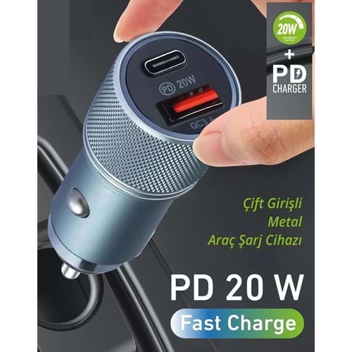 20w Type-C - Usb Port 2 Giriş Pd Araç Şarj Başlığı