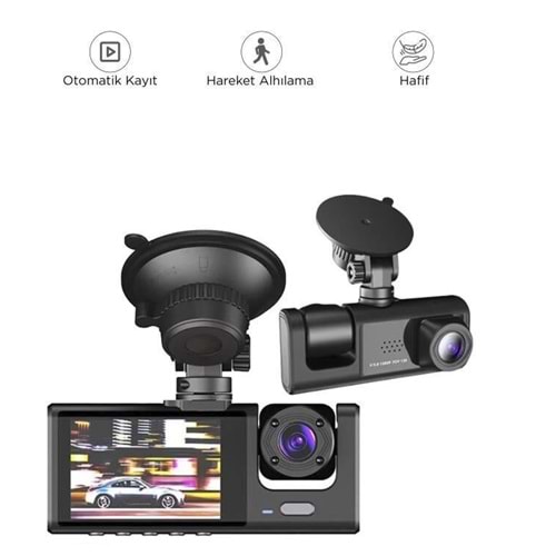 TA-01 Siyah 1080p Araç içi 3 Kameralı Lcd Ekranlı Gece Görüşlü Araç Kamerası