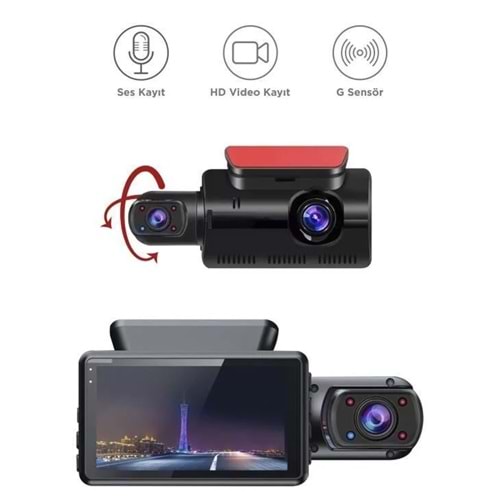 TA-03 Siyah 1296p Araç içi 2 Kameralı Lcd Ekranlı Gece Görüşlü , G-sensörlü Yol Kayıt Araç Kamerası