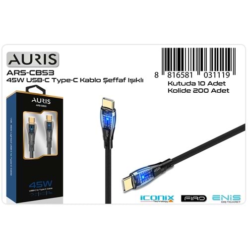 Auris ARS-CB53 45W PD Type-C Type-C Led Göstergeli Hasır Hızlı Şarj Data Kablosu