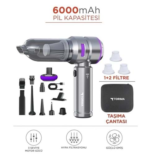 Torima Üflemeli Şarjlı Araç Mini EL Süpürgesi 16.000PA Emiş Güçlü 4İN1 Araba Süpürgesi