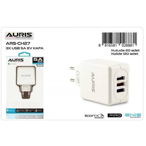 Auris CH27 30W 5A 3Port Hızlı Fast Usb Şarj Başlığı