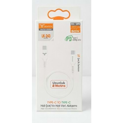 Lucatech 60Waat 3.Amper 2 Metre Type-C To Type-C Şarj Kablosu