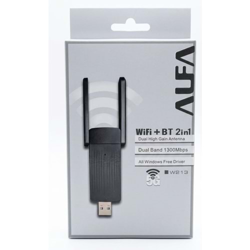 Alfanet Çift Antenli 2.4Ghz/5Ghz+Bluetooth 5.0 Yüksek Çekim Gücü 40mt. Usb 1300Mbps Dual Band Wifi Adaptör+Usb Bluetooth