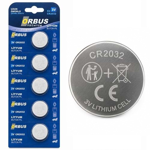 Orbus Lityum 3 Volt CR2032 Buton Düğme Pil 5'li Paket