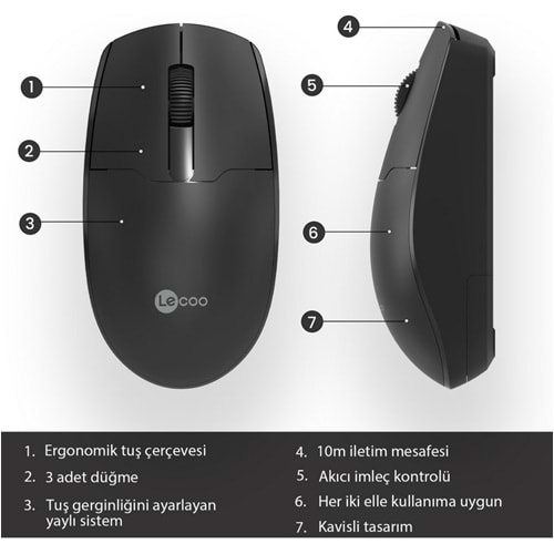 Lenovo Lecoo WS204 Kablosuz 1200DPI 3 Tuşlu Optik Siyah Mouse