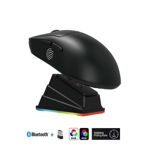 GWH-108P Manyetik Şarj İstasyonlu Proğramlanabilir 6400Dpi Ultra Hafif Şarjlı Bluetooth+Kablosuz Siyah Oyuncu Gaming Mouse