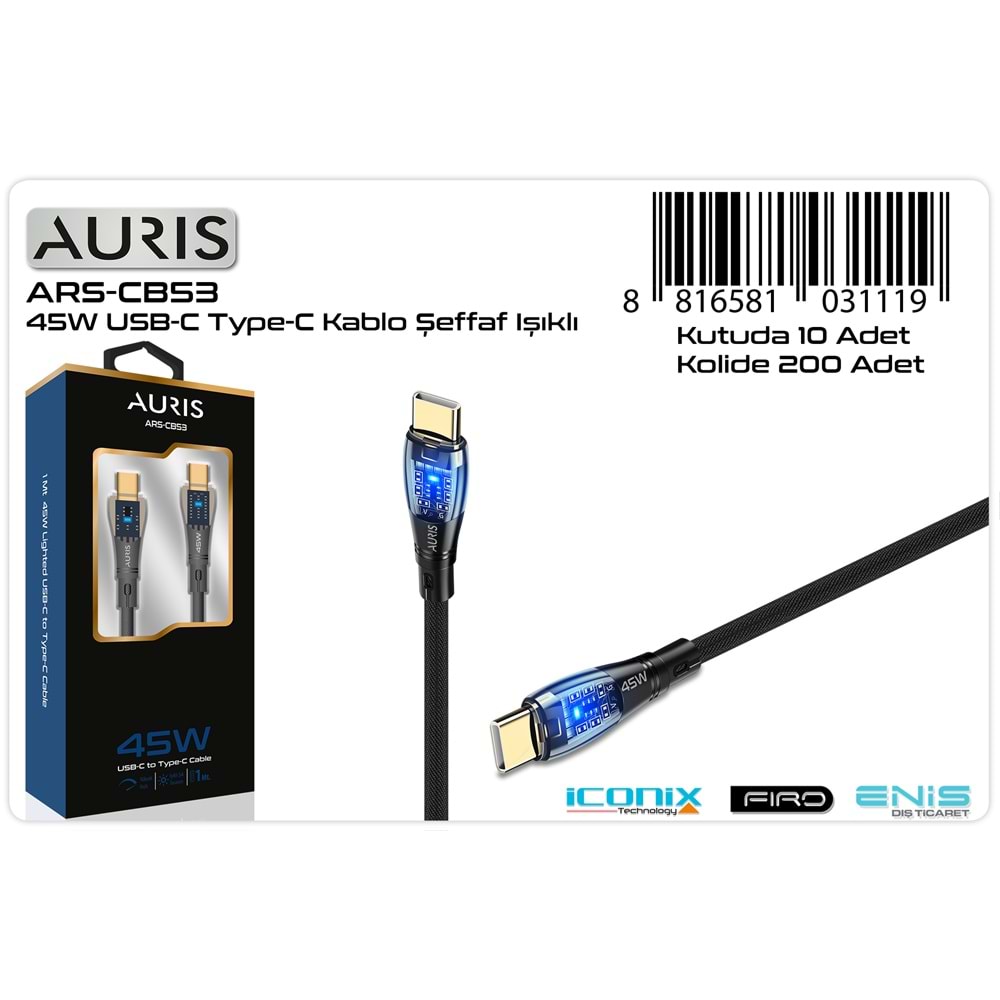 Auris ARS-CB53 45W PD Type-C Type-C Led Göstergeli Hasır Hızlı Şarj Data Kablosu