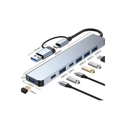 7in1 Usb Type-C Usb A+Usb C-USB 2.0/3.0 - 7 Portlu Adaptör